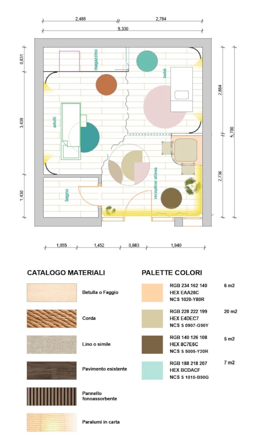 visiby marketing ético interiorismo y decoración proyecto plano paleta de color centro fisioterapia Flavia Minella vasanello